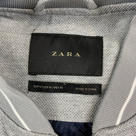 Zara Mens Bomber Jacket Medium Gray Full Zip Long Sleeve Varsity Striped Trim - Picture 2 of 6